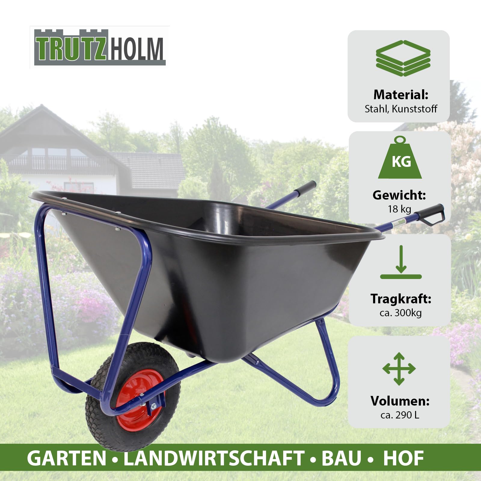 trutzholm-schubkarre-1-rad-290l-300kg-kunststoff-luftrad image 2