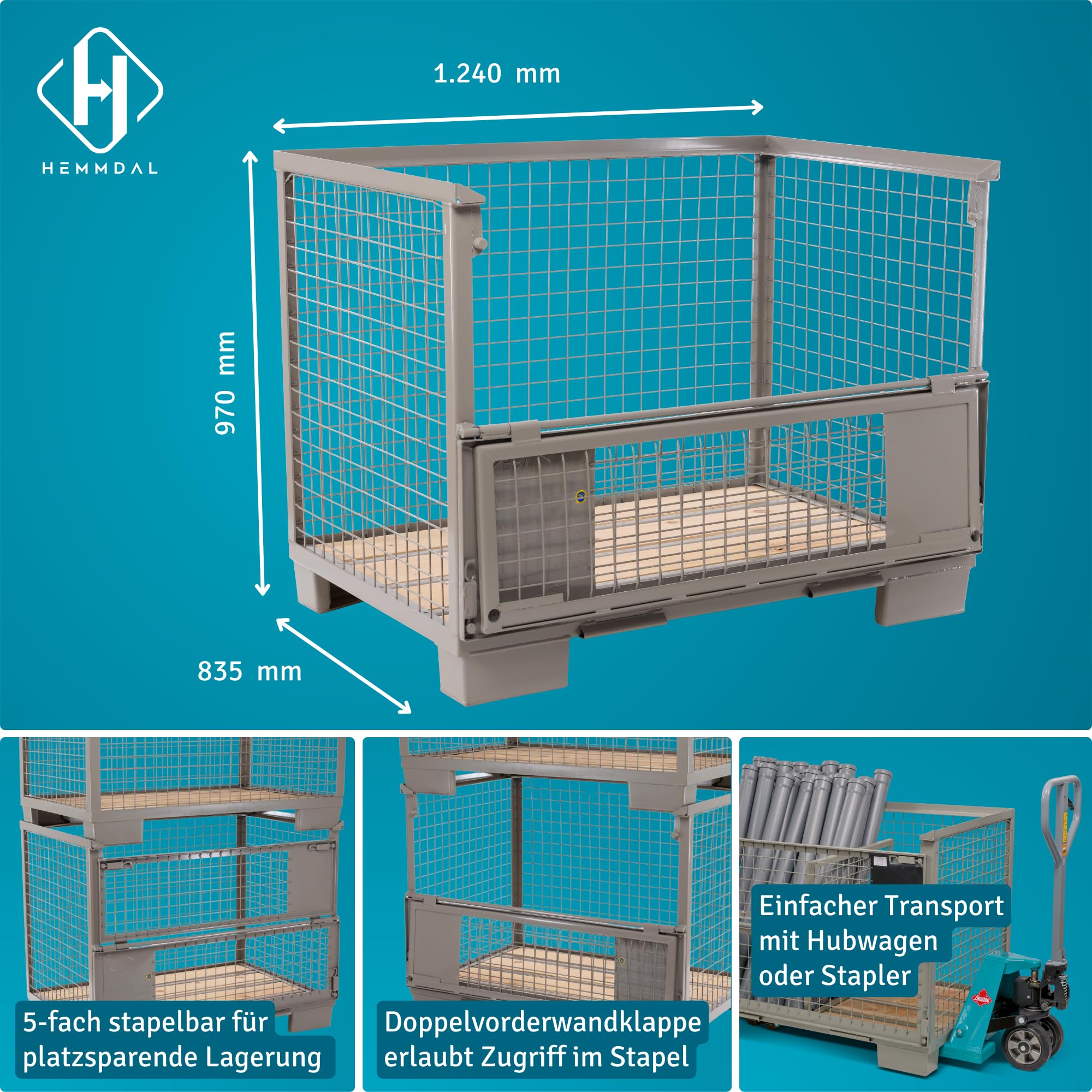hemmdal-euro-gitterbox-doppelklappe-1-5t-stapelbar-stahl image 3